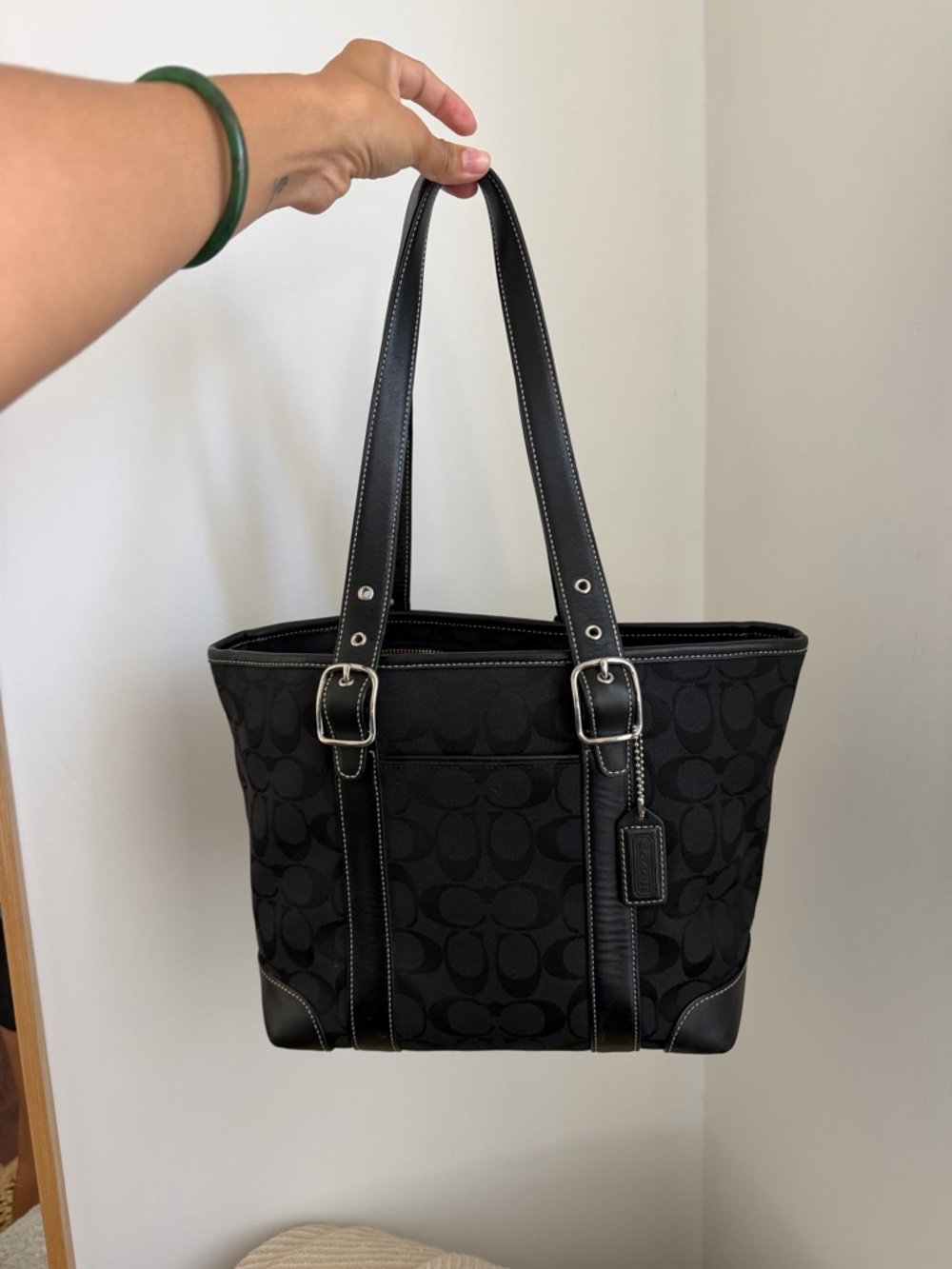 Coach Black Signature Jacquard Tote with Leather Trim